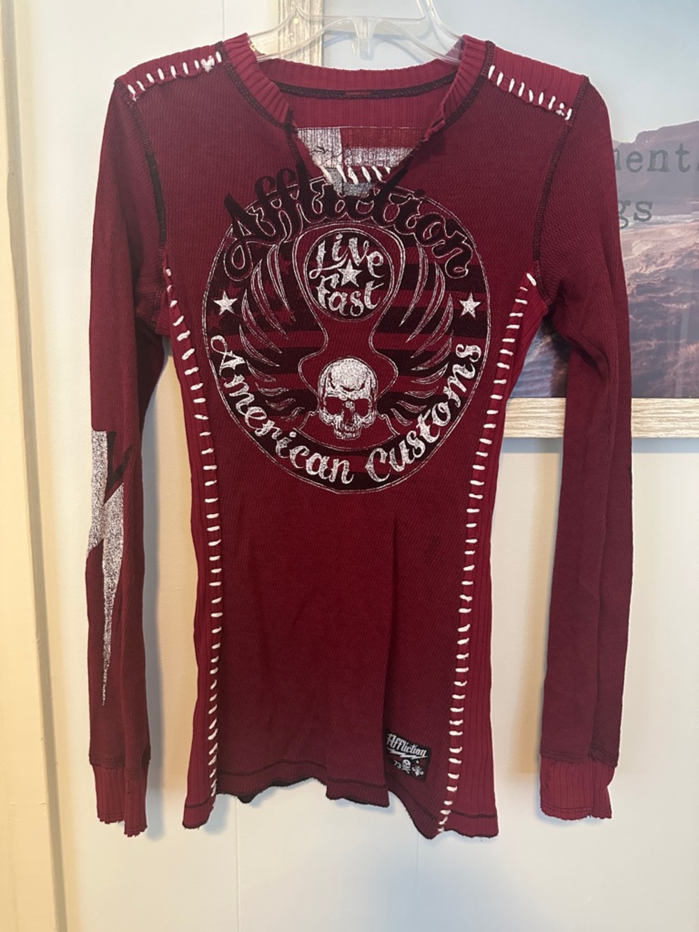 Size Small Affliction Reversible Thermal Long Sleeve Tee in Black and Burgundy